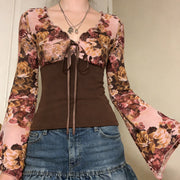 Floral Butterfly Print V-Neck Lace-Up Long-Sleeve T-Shirt