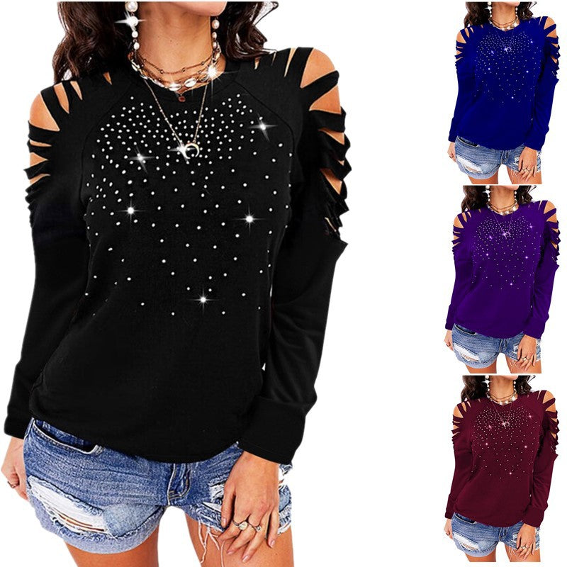 New Round Neck Hot Drill Hollow Long-sleeved T-shirt