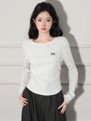 Floral Embroidered Pleated Long Sleeve Tee
