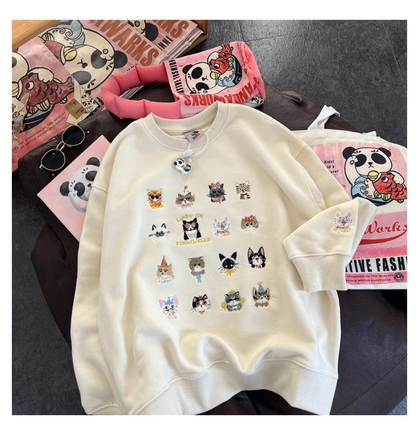 Cute Kitten Embroidered Loose Streetwear Sweater Coat