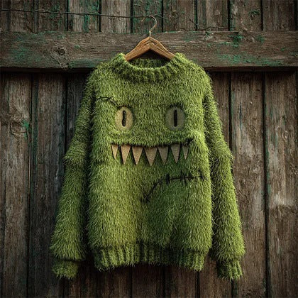 Womens Green Crew-neck Flannel Sweater for Christmas