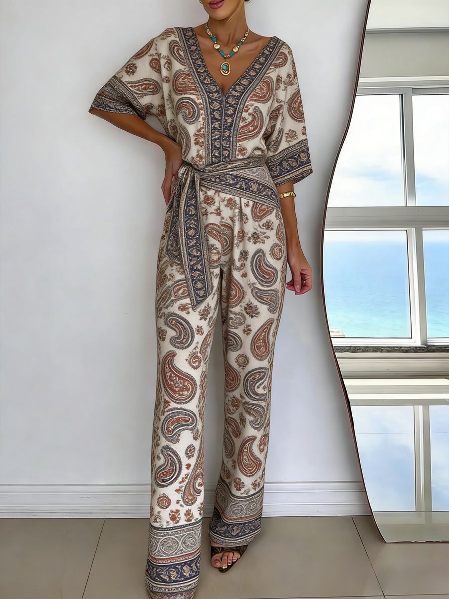 Womens V-neck Casual Mid-length Sleeve Belted Jumpsuit