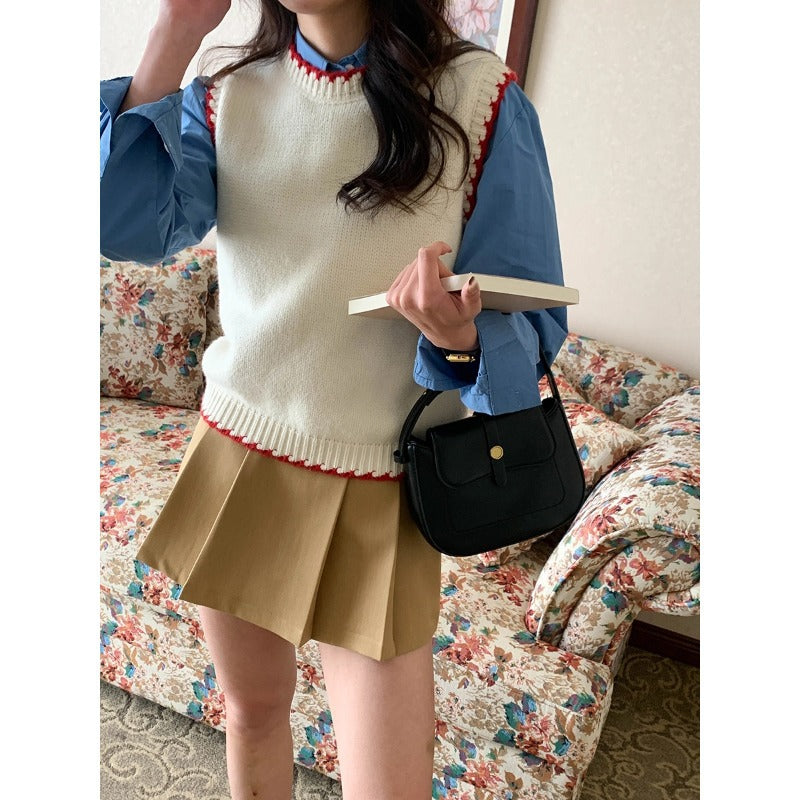 Womens Color-block Seamed Crew-neck Knitted Vest