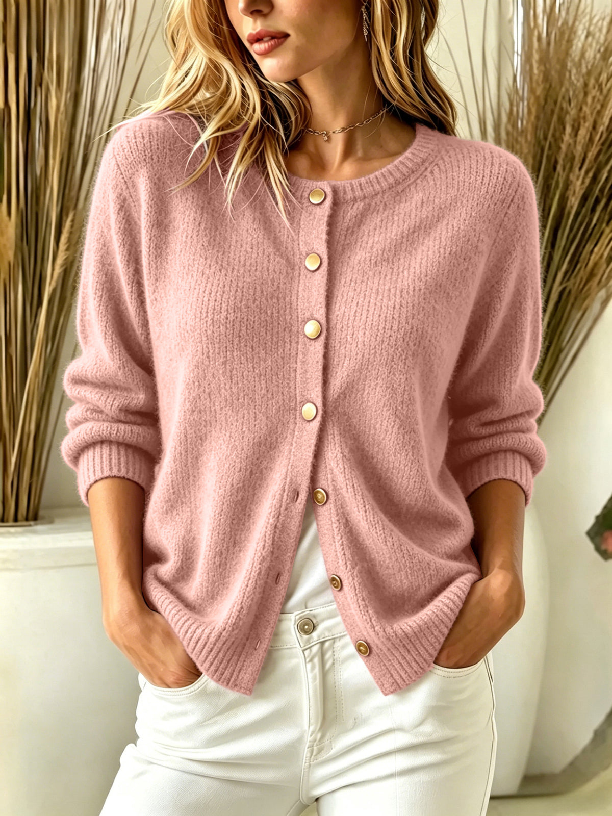 Womens Solid-color Button-up Cardigan Long-sleeve Sweater