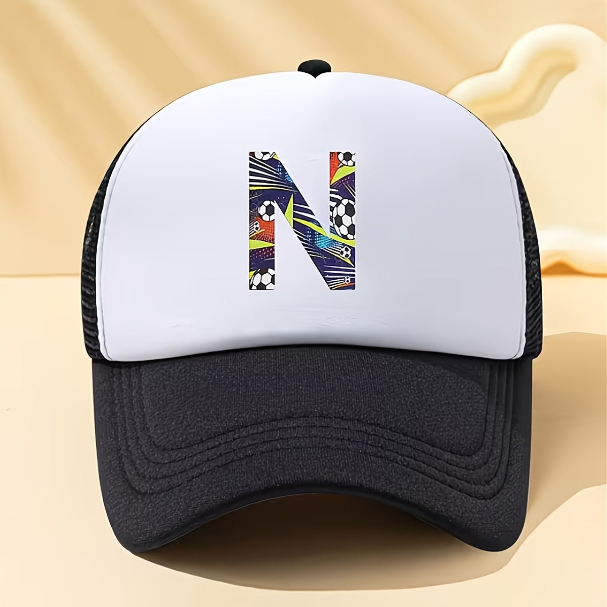 Kids Soccer-Themed Mesh Trucker Cap with A‑Z Letter Print