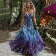 V-neck Short-sleeve Maxi Dress with Digital Floral Print
