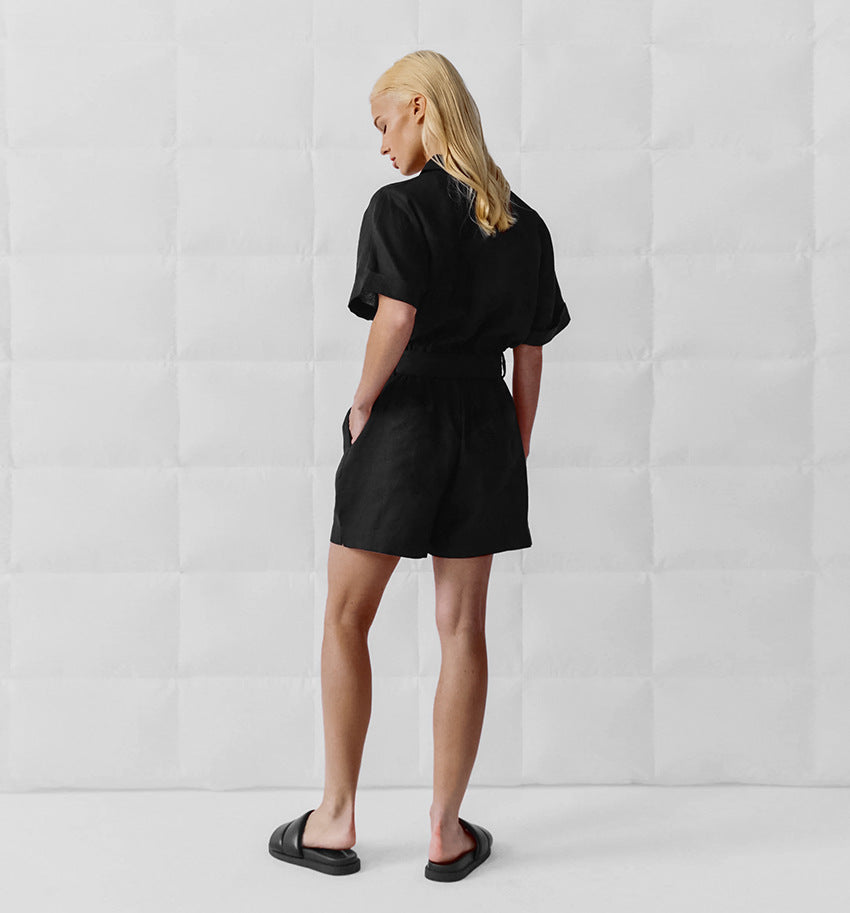 Women's Retro Lapel Wide-Leg Romper with Lace-Up Waist