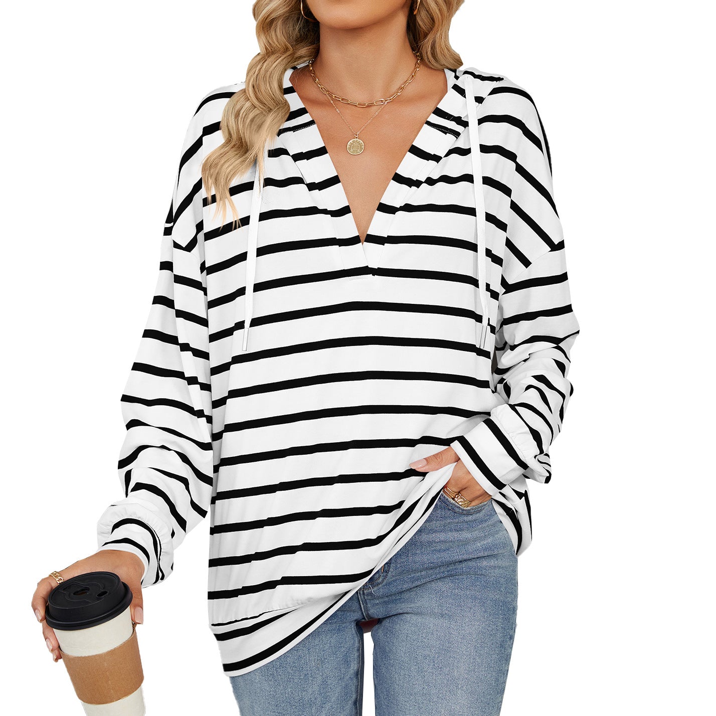 Women's Striped Drawstring Long Sleeve Hoodie Sweatshirt