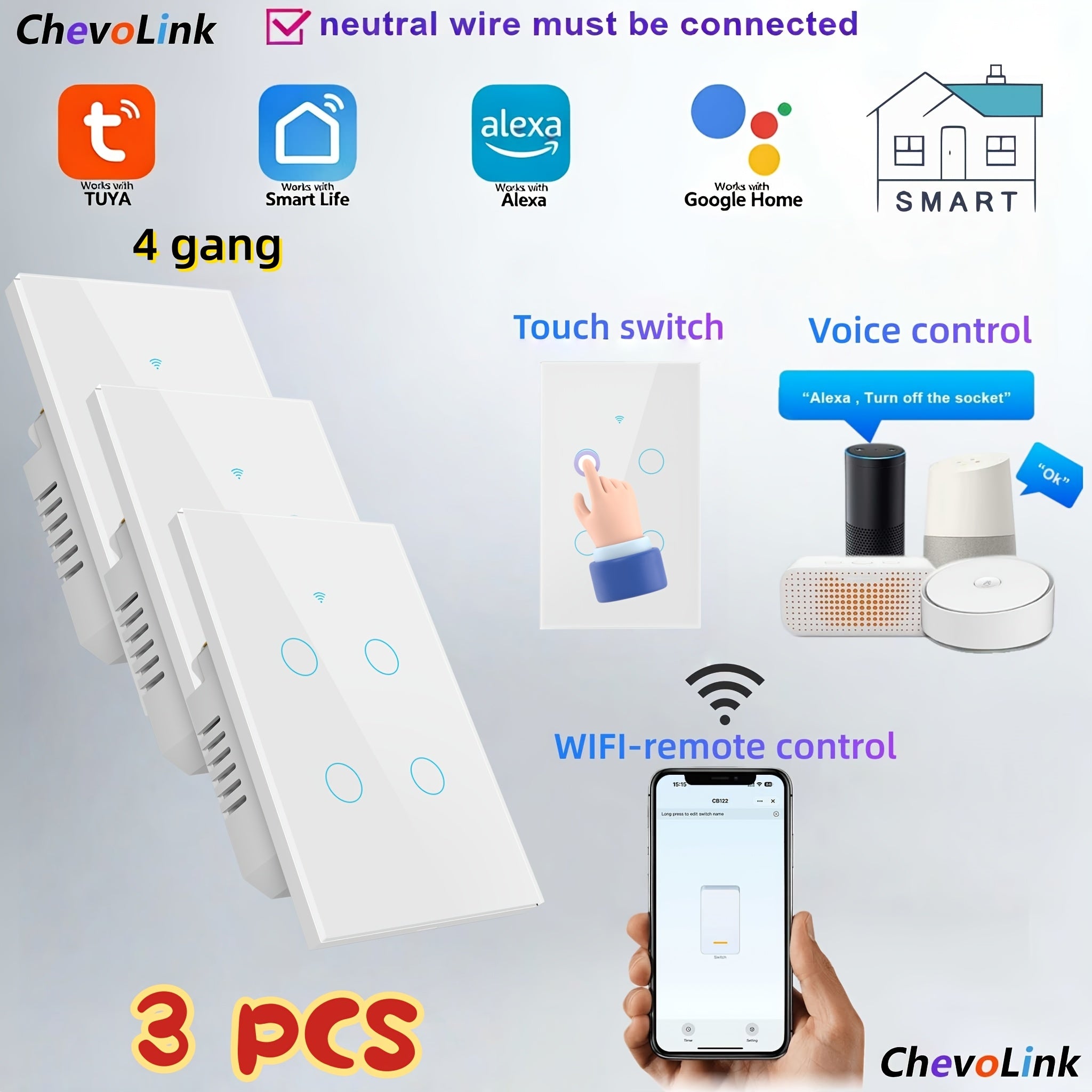 White 4-Gang Smart Wi-Fi Light Switch, US Standard