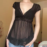 Womens Sheer Blouse With Polka-Dot Print And Ruched Waist Design