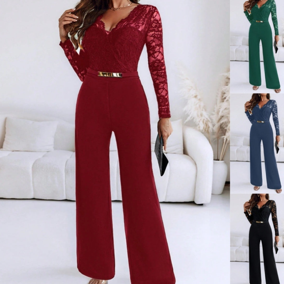 Elegant Long-Sleeve Belted Jumpsuit with Flared Pants