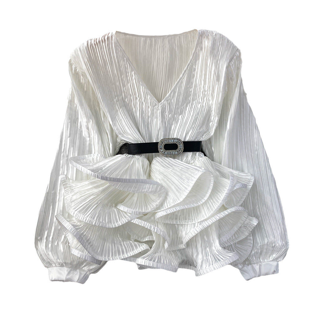 Lantern Long Sleeve V-neck Loose Belly-covering Waist Ruffle Hem Pullover Shirt