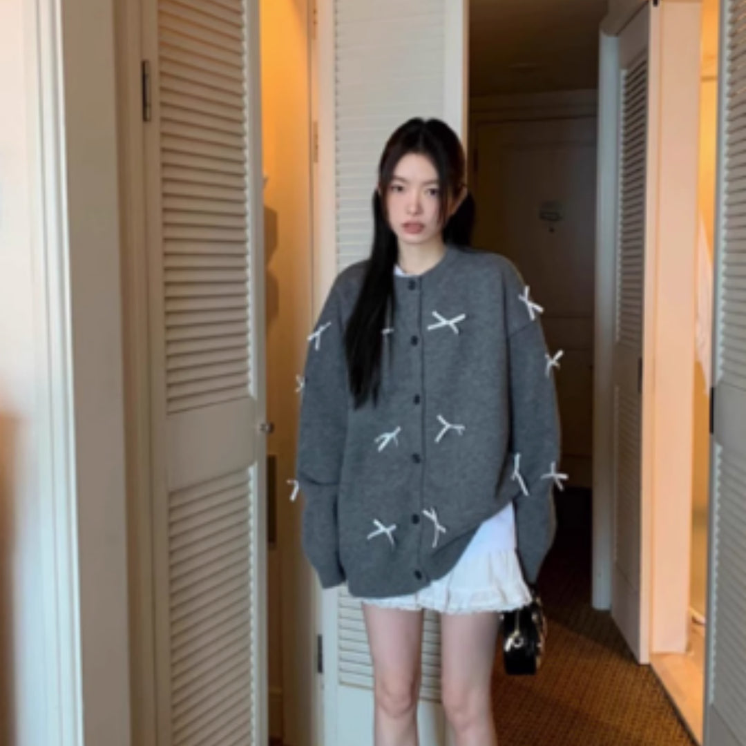 Bow Tie Round Neck Sweater Jacket for Women, Loose in Winter