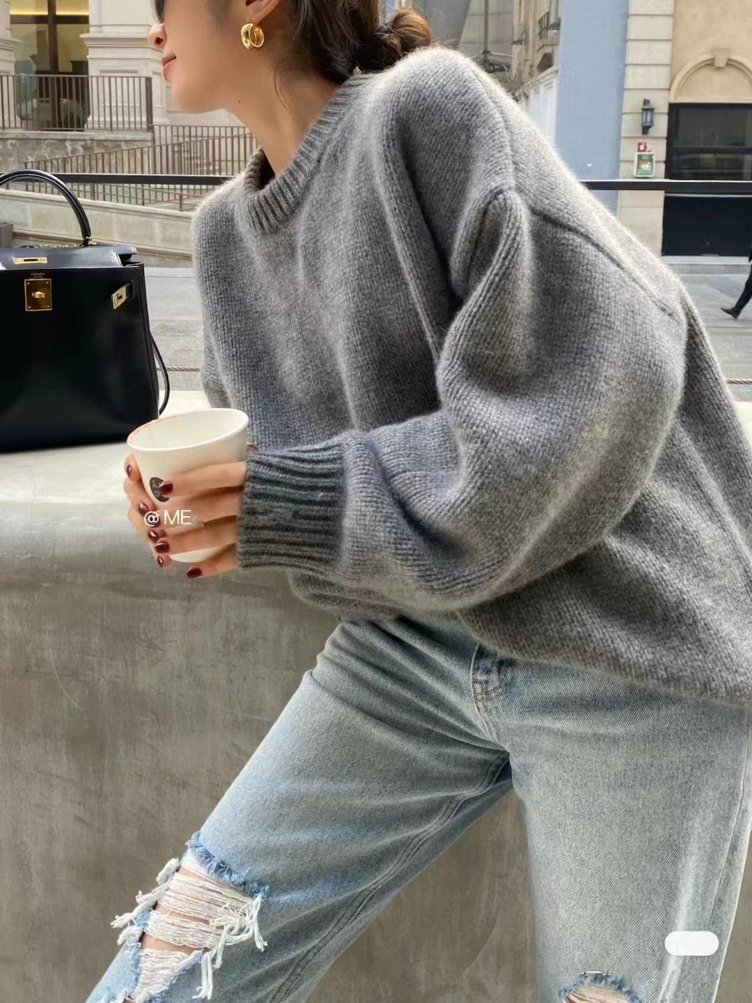 Womens Plus-size Loose Crew-neck Pullover Sweater