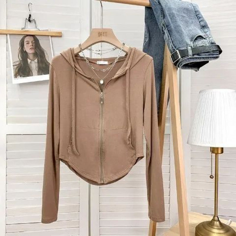 White Hooded Long Sleeve Zip-Up Crop Sweater