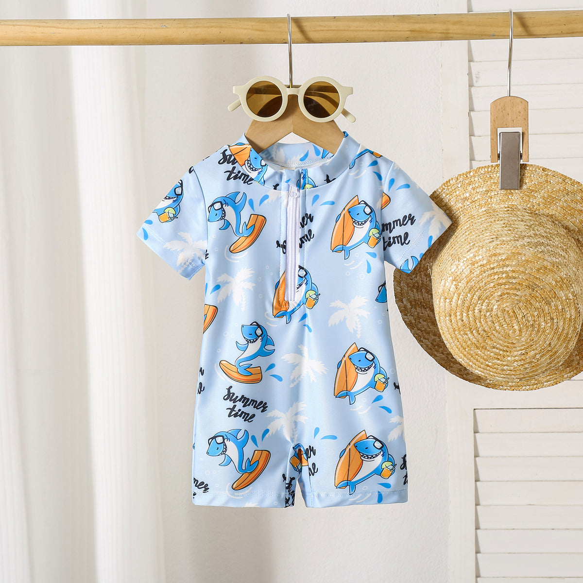 Boys' Shark Print Summer Romper & Swimsuit