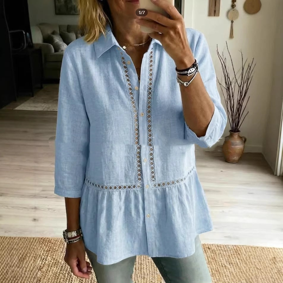 Patchwork Floral Woven Ribbon Cotton-Linen Shirt