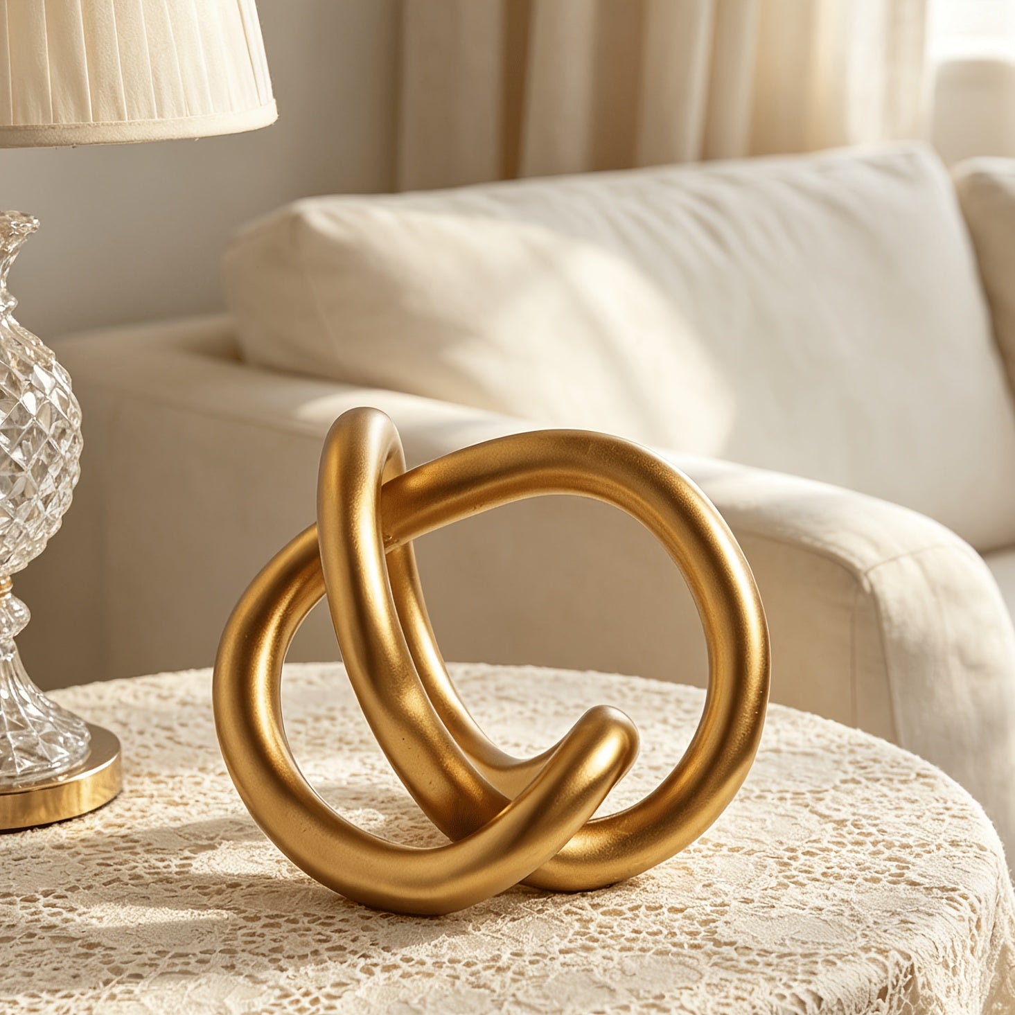 Modern abstract golden knot sculpture with resin finish for home and office decor