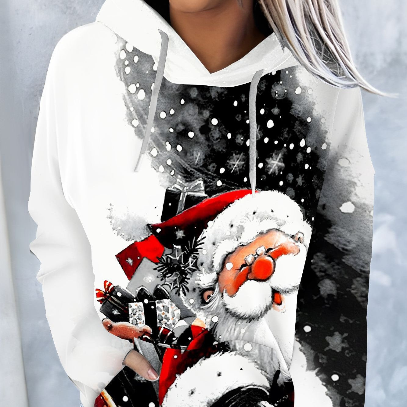 Festive Christmas Print Drawstring Hoodie