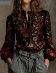 Stand-up Collar Puff Sleeve Casual Long-sleeved Retro Shirt