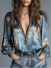 Haze Blue Satin Shirt with Floral Leopard Border – Elegant Long Sleeve
