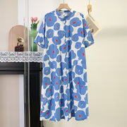Long-length Loose-fitting Short-sleeved Dress with Floral Print