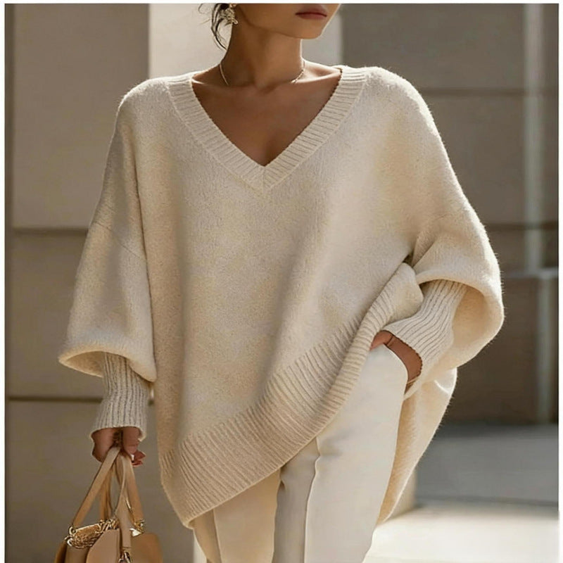 Womens Solid-color Fashionable Loose-fitting Pullover with Puff Sleeves and a V-neck