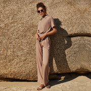 Chic Lapel Zipper Jumpsuit with Five-Quarter Sleeves