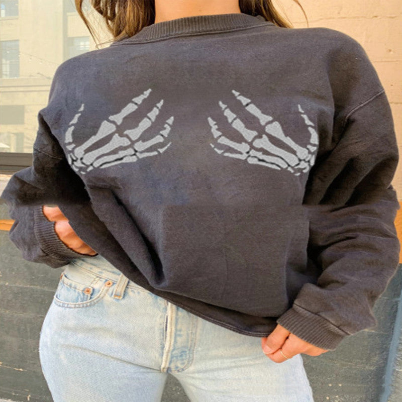 Edgy Bone Hand Print Loose Pullover Sweater