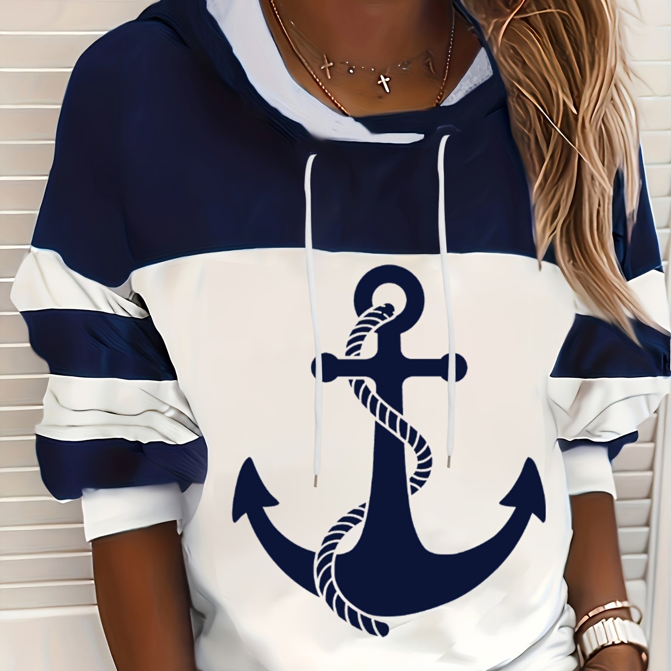 Plus Size Navy Blue and White Striped Anchor Print Hoodie