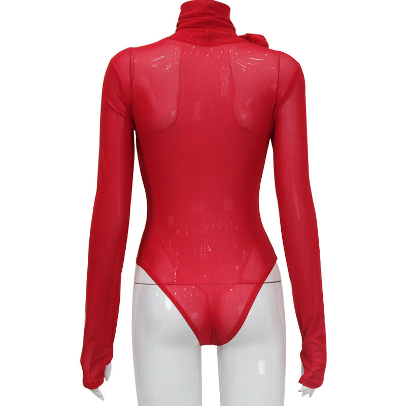 High Collar Long Sleeve Mesh Micro Transparent Flower Decorative Tights