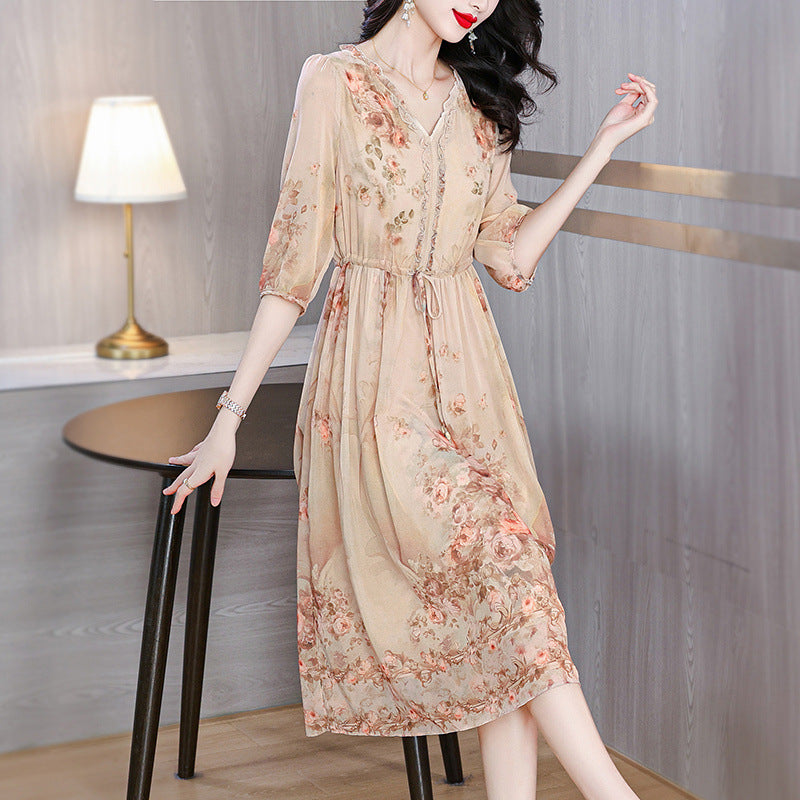Elegant French Floral Tea-Length Dress