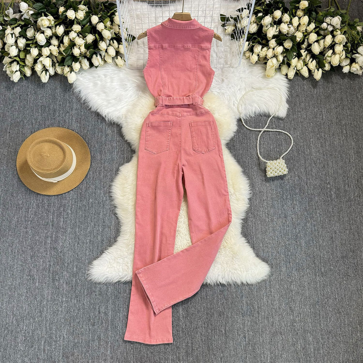 Chic Pink Denim Jumpsuit with Waist-Controlling Belt