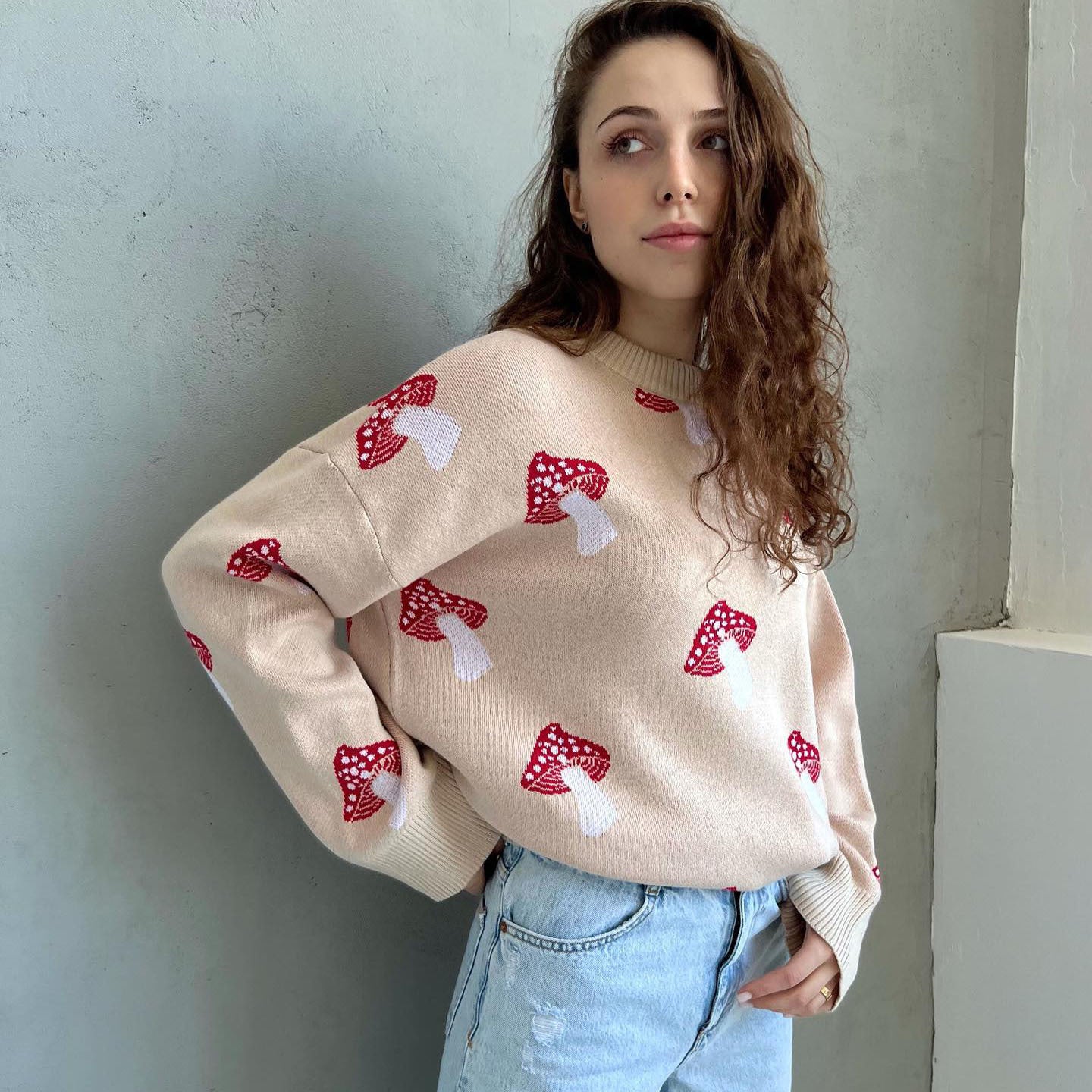 Women's Contrast Color Knit Coat with Mushroom Pattern