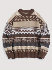 Pullover Round Neck Long Sleeves Contrast Color Diamond Patterns Sweater
