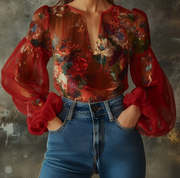 Retro Oil Painting Floral V-neck Sheer Lantern Sleeve Blouse, Women's Long-sleeved Loose Top