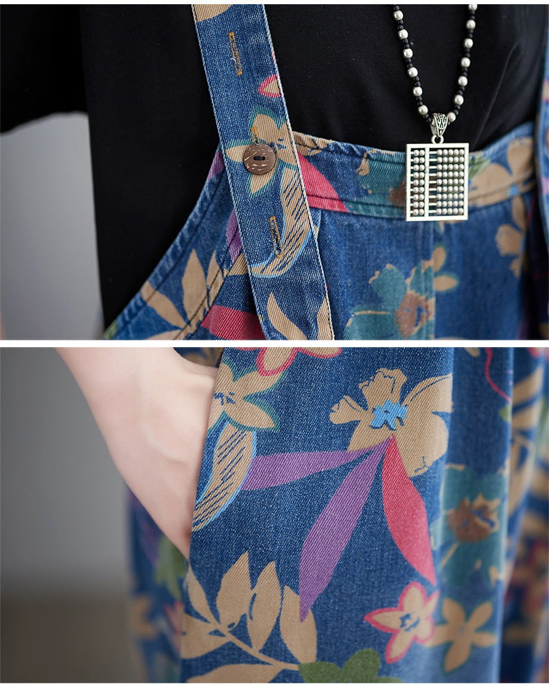 Loose Slimming Slim Fit Printed Cropped Denim Suspender Pants