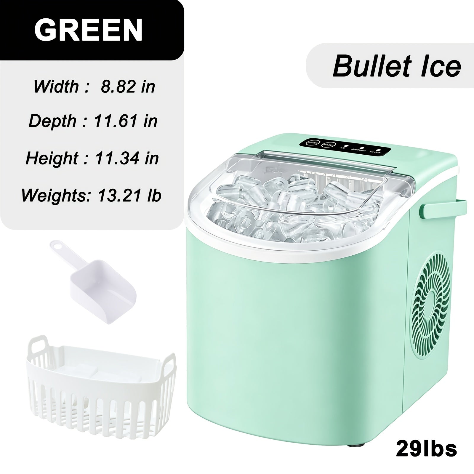 Countertop Portable Ice Maker with Handle – Produces 29 lb Ice in 24 hrs, 9 Cubes in 6 mins, Includes Basket and Ice Scoop