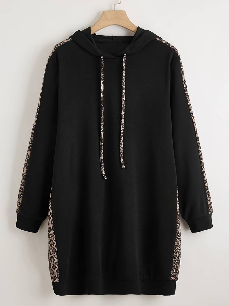Plus Size Leopard Print Drawstring Hoodie