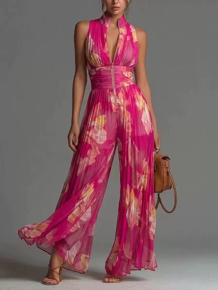 Floral Print Halterneck Pleated Jumpsuit with Side Slit