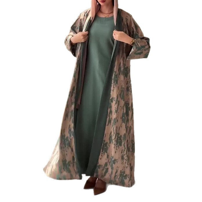 Long Printed Cardigan and Green Minimalist Skirt Set