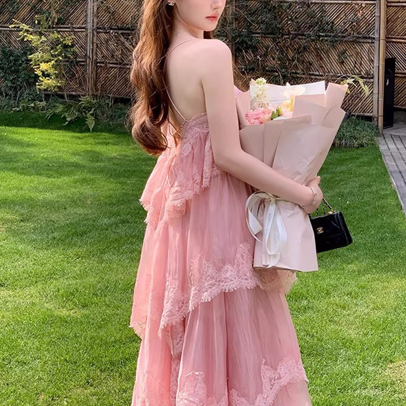 French Lace Backless Fairy-like Tiered Dress