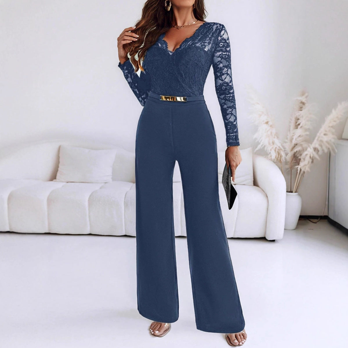 Elegant Long-Sleeve Belted Jumpsuit with Flared Pants