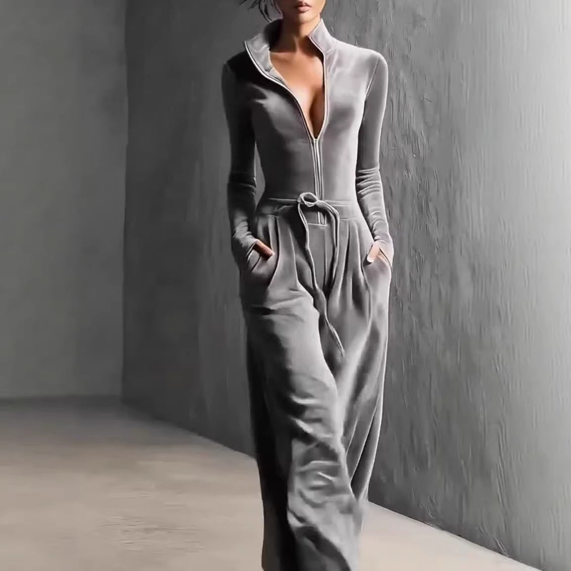 Womens Fashionable Sporty Casual Solid-Color Long-Sleeve Zippered Slim-Fit Jumpsuit