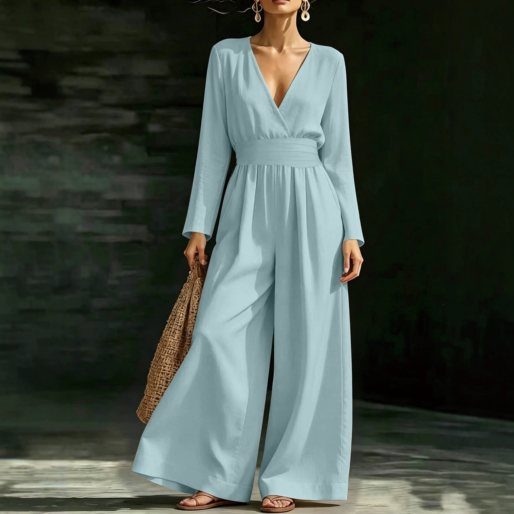 Elegant Long-Sleeve V-Neck Knit Jumpsuit for Women