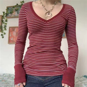 Women's Striped V-Neck Long Sleeve Casual Top