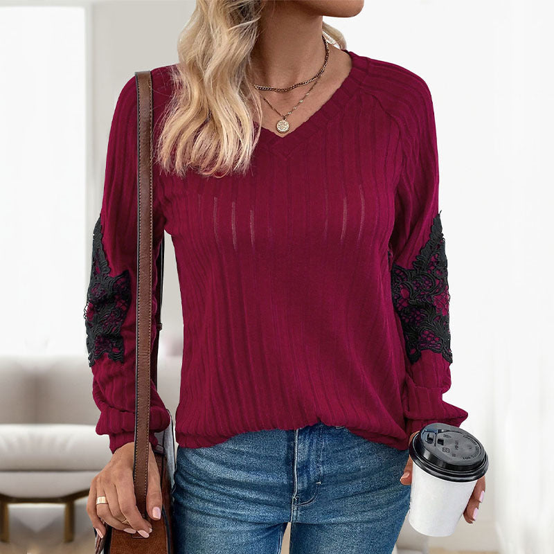 Fringe-trimmed Patchwork Top Brushed Rib-knit T-shirt for Women