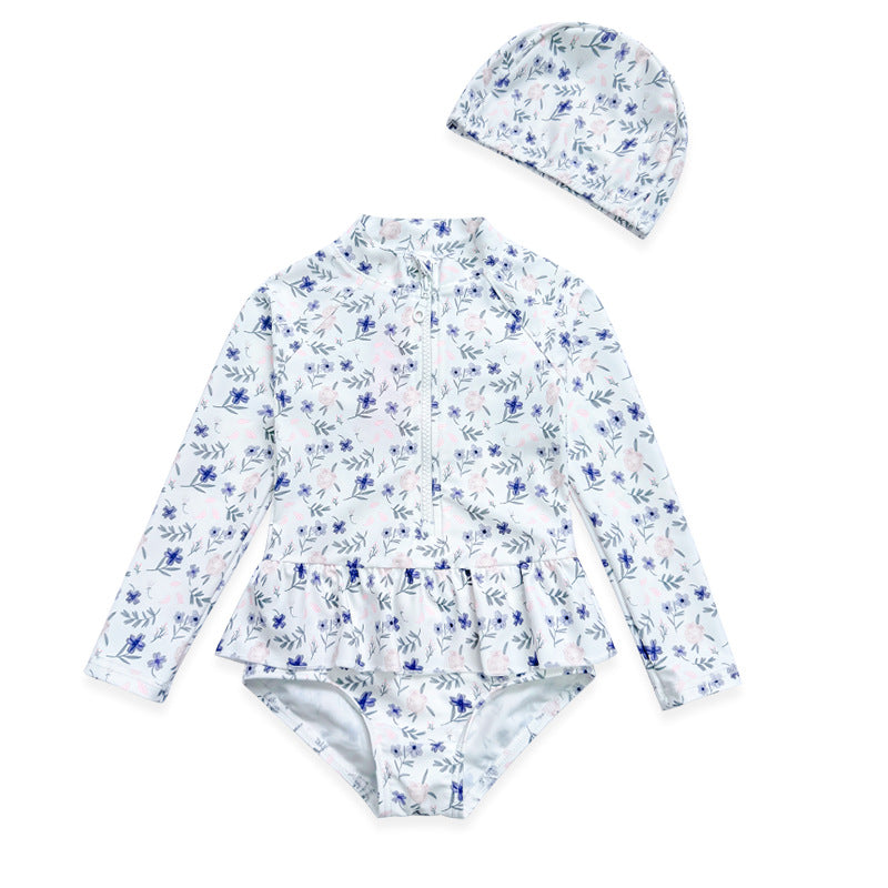 Girls' Long-Sleeve Floral One-Piece Swimsuit