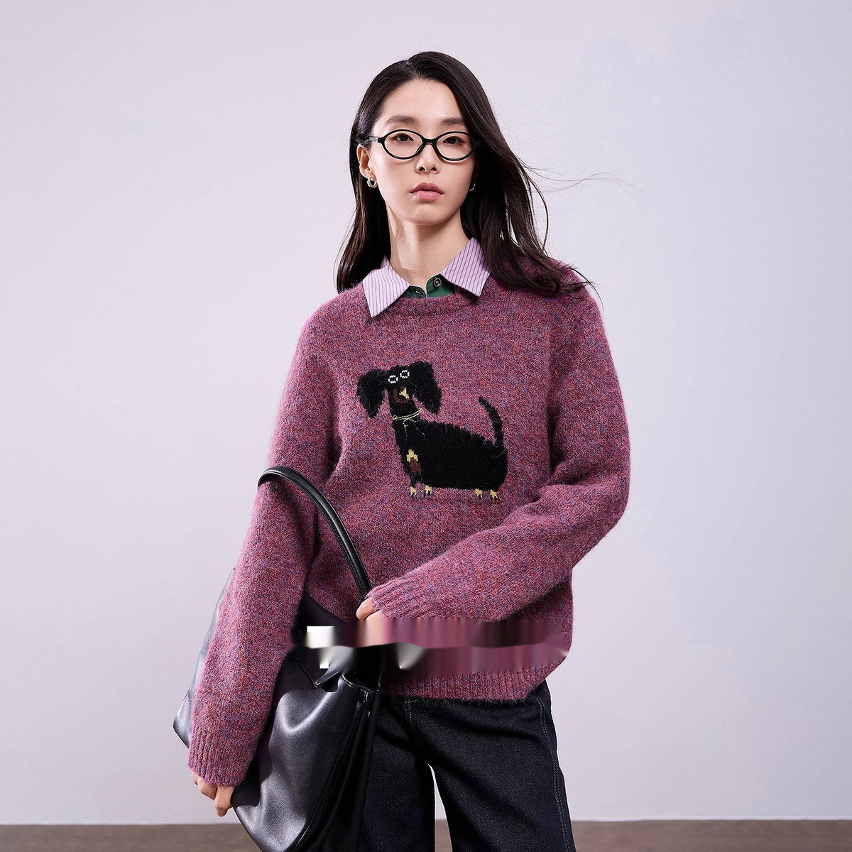 Dog Jacquard Retro Crew Neck Pullover Sweater