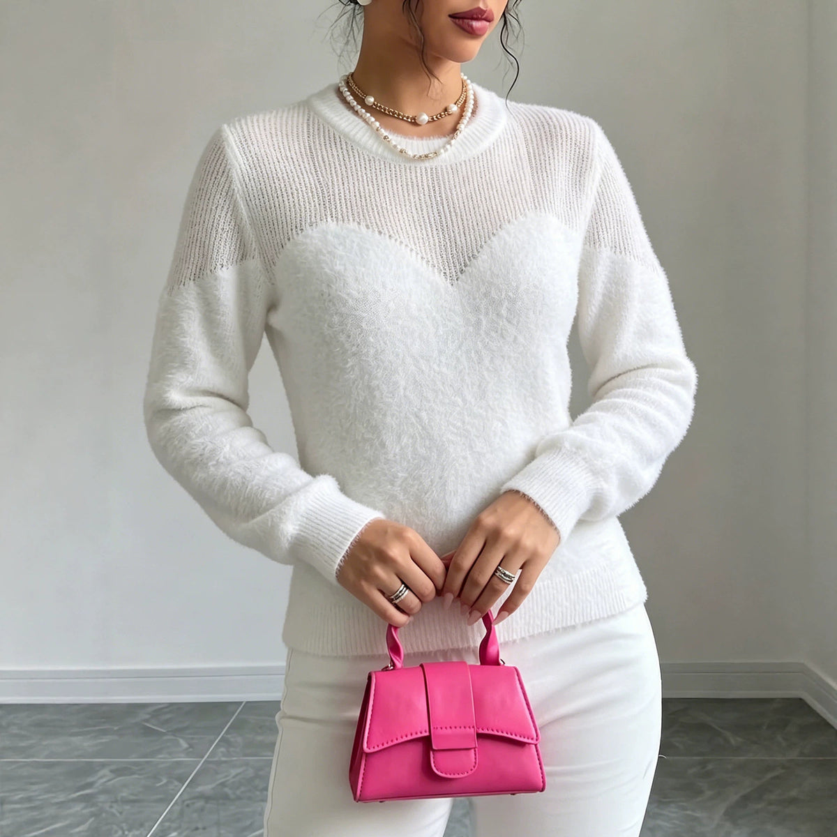 Womens Long-sleeve Knitted Sweater with a Round Neckline and a Full-circle Cutout Design Around the Chest